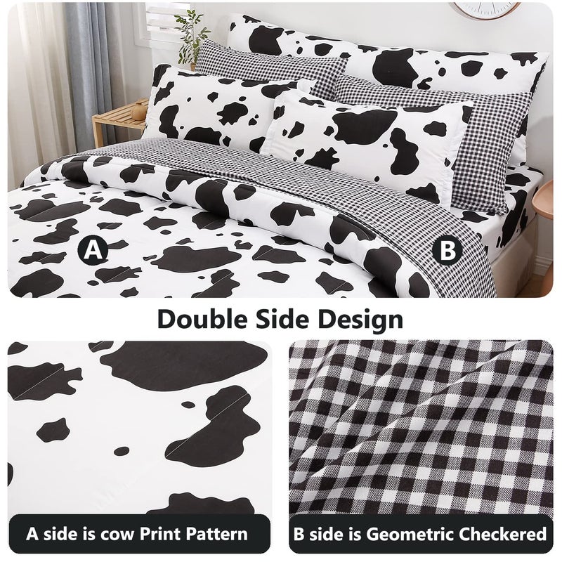 SUCSES Cow Print Queen Comforter Set with Sheets 8Pcs Bed in A Bag Queen Size Bedding Set Geometric Black and White Duvets for All Season - Image 3